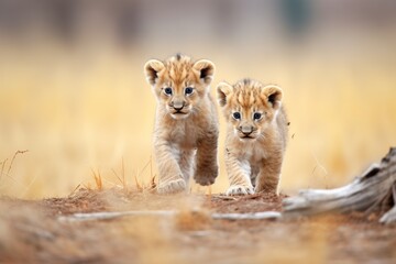 two lion cubs following their mother