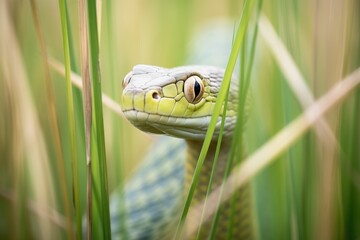 Fototapeta premium green mamba in tall grass, hood expanded