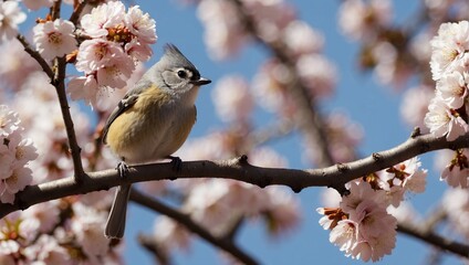 A titmouse sitting on a sakura branch. Bird and nature. Spring. The flowering of the tree. Rays of light. Daylight. Springtime background or nature wallpaper.