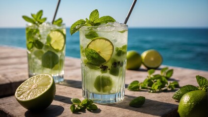 Summer mojito in a glass with lime and mint on the background of the ocean. A fresh refreshing delicious drink with ice. Summer natural background. A seasonal postcard.