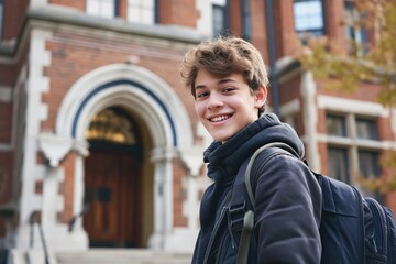 Fototapeta premium Smiling teenage boy with school bag in front of school 
