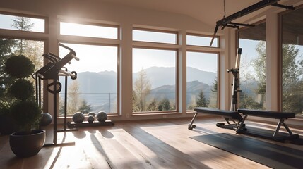 A photo of a home gym with plenty of natural light and a beautiful view of the outdoors. The gym has a minimalistic style with clean lines and simple decor, but also has plenty of natural elements