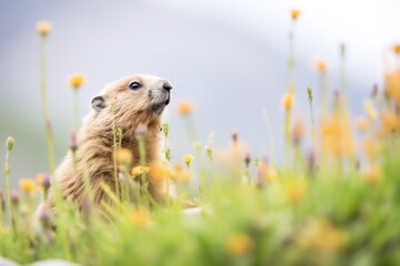 marmot in wildflowers whistling to others - obrazy, fototapety, plakaty