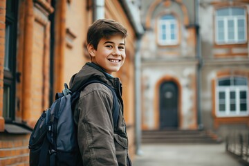 Fototapeta na wymiar Smiling teenage boy with school bag in front of school 