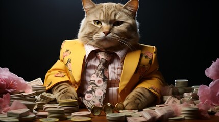 A cat wearing a suit and tie sits at a table covered in money,