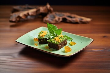 plate of chocolate brownies with green leaf garnish