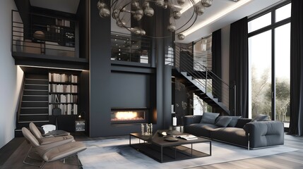 An image of a double-height living room with a contemporary and opulent style. The room features a modern fireplace and a natural wood staircase leading to the second level, which has a seating are - obrazy, fototapety, plakaty