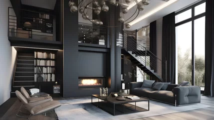 Foto op Canvas An image of a double-height living room with a contemporary and opulent style. The room features a modern fireplace and a natural wood staircase leading to the second level, which has a seating are © george