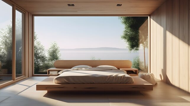 A photo of a bedroom with a built-in platform bed made of natural wood, with a large window positioned to take advantage of the beautiful view outside. The room has a neutral color scheme with plen