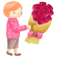 The boy give flower bouquet for someone