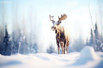 moose standing in deep snow with breath visible - obrazy, fototapety, plakaty