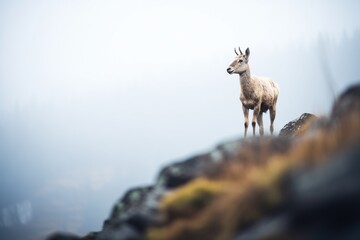 mountain goat standing near cliffs edge with fog below