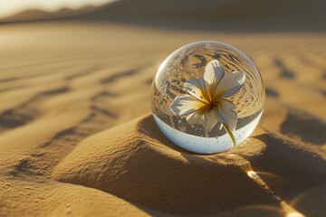 A glass sphere with a white flower inside is lying on the sand in the desert.