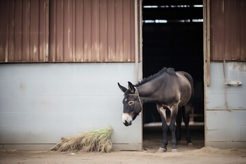 black mule contrasts with faded barn wall - obrazy, fototapety, plakaty