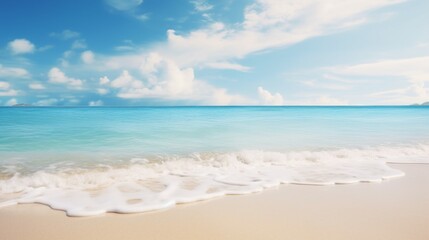 Fototapeta na wymiar Tranquil Seaside Beauty: Blue Sky, White Shore, and Ocean Waves in Summertime Paradise