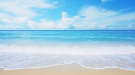 Fototapeta na wymiar Tranquil Seaside Beauty: Blue Sky, White Shore, and Ocean Waves in Summertime Paradise