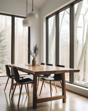 A photo of a dining room with a natural wood table and chairs, surrounded by large windows that let in plenty of natural light and provide a beautiful view of the outdoors. The room has a modern an
