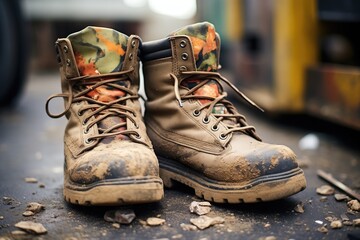 mud-caked work boots with prints trailing behind them