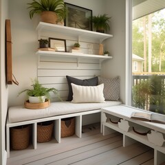 Porch Multi-purpose furniture such as a bench with built-in storage underneath. Wall-mounted shelves or cabinets for additional storage. Light-colored walls and a minimalist decor with a few key pi - obrazy, fototapety, plakaty