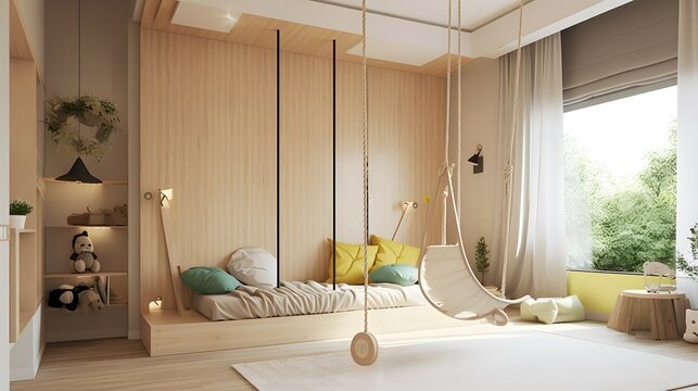 A picture of a kid s bedroom with a built-in play area featuring a climbing wall and a swing hanging from the ceiling. The room has a modern and minimalistic style with natural wood accents, but als