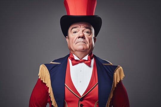 ringmaster with stern face in top hat and cape