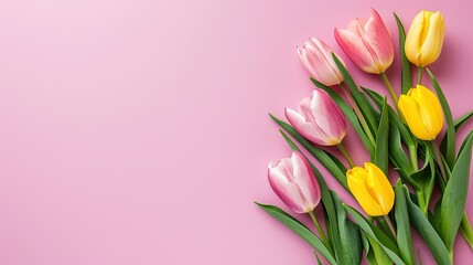 Spring tulip flowers on pink background top view in flat lay style