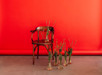 Florar set for interior on red background. Minimalism. Ikibana.