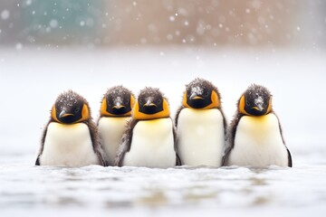 a group of emperor penguins huddled during a snowstorm - obrazy, fototapety, plakaty