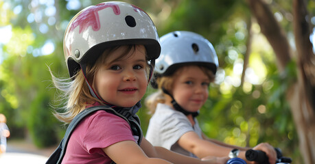 Fototapeta na wymiar Cute girl and boy four years old riding on the bike, wearing helmets. AI Generated