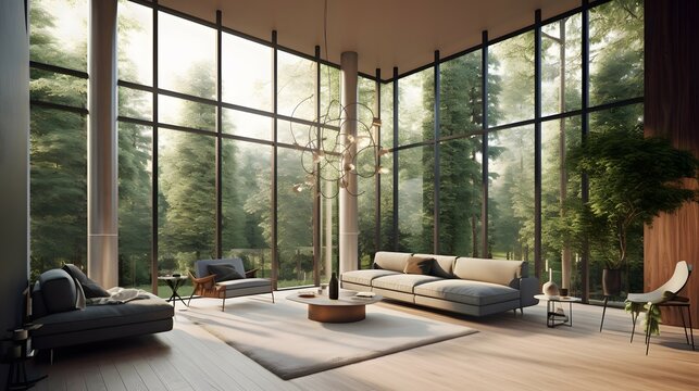 A photo of a double-height living room with floor-to-ceiling windows that showcase a beautiful green landscape outside. The room is bathed in natural sunlight, creating a warm and inviting atmospher
