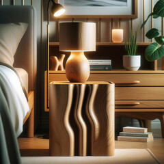 Front shot of a bed side table, surreal, geometric and luxurious and made by scandinavian other elements of house