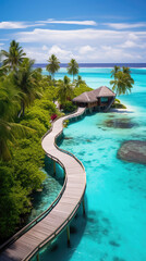 Beautiful view of a tropical paradise island with traditional wooden resort buildings, blue sky, expanse of sea, clear water and coconut trees created with Generative AI Technology