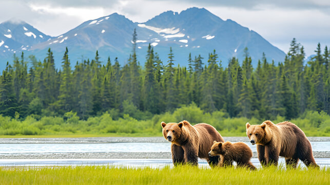 Brown Bear and Two Cubs against a Forest and Mountain Backdrop