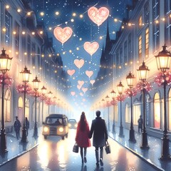 Romantic, man and woman, night full moon watercolor style illustration AI