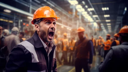 Fotobehang Worker in yellow helmet, special clothing shouts instructions, warnings in factory, is indignant in blurred background with fellow workers noisy shop floor.Safety rules at work.Workers' strike. Banner © stateronz