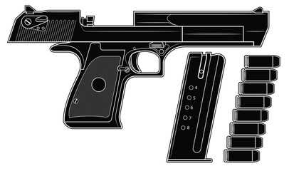 Vector illustration of the Desert Eagle automatic pistol  with the breech in the rear position and the magazine and cartridges on a white background. Black. Right side.