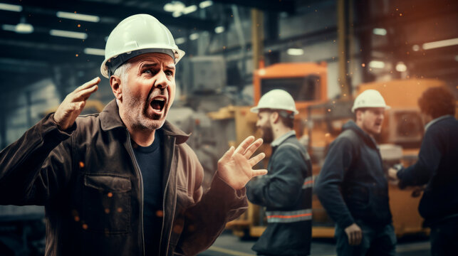 Worker in white helmet, special clothing shouts instructions, warnings in factory, is indignant in blurred background with fellow workers noisy shop floor.Safety rules at work.Workers' strike. Banner