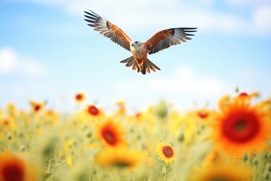 single red kite hovering over sunflower field
