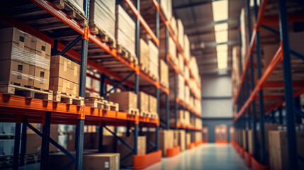 Industrial warehouse or storehouse with shelves full of goods, logistics, stock and inventory management concept.