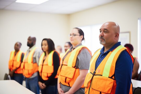 Group Of Employees In Safety Vests During Training