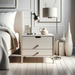 Front shot of a bed side table, surreal, geometric and luxurious and made by scandinavian other elements of house
