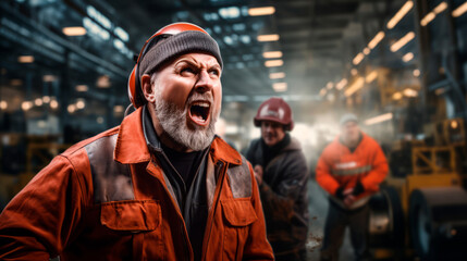 A worker in an orange jacket and protective headphones shouting and indignant in the background of workers at a heavy machinery factory. Dangerous working conditions. Strike at the factory