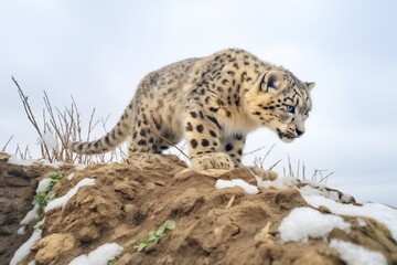 long shot of snow leopard traversing steep incline