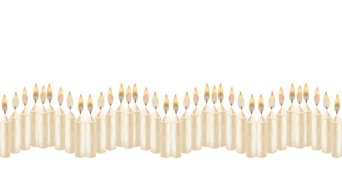 Watercolor horizontal seamless border with white candles with flame as a teemplate for illustrations for Christmas, Candlemas, wedding, birthday, Easter, magic, memorial day, spa, relaxation, memorial