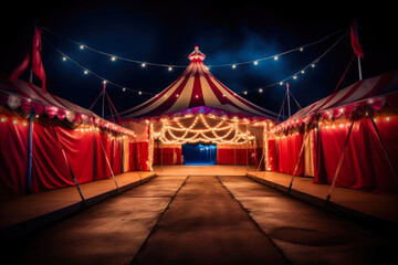 Vibrant Night: Circus Tent Entry Glowing with Colorful Lights