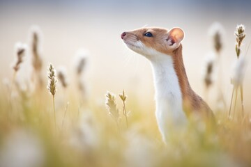 close-up of a stoat with a frosted breath in meadow - obrazy, fototapety, plakaty