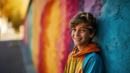 a curly-haired boy of 10-14 years old in a colorful jacket stands against a bright wall painted...