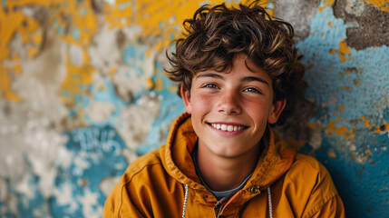 portrait of a person. a curly-haired smiling boy of 10-14 years old in a yellow denim jacket stands...