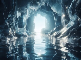 Iceberg Illumination: A Glistening Ice Cave Revealed within the Frozen Depths Generated Image