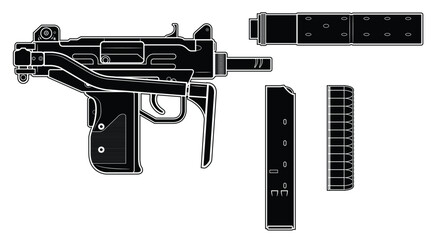 Vector illustration of the MICRO UZI israel machine gun with folded stock and equipment such as a magazine, cartridges and silencer on the white background. Black. Right side. - obrazy, fototapety, plakaty